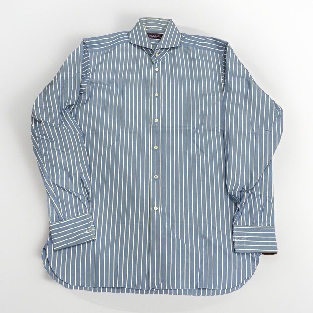 Ralph Lauren Purple Label Men’s Blue Striped  Shirt With French Cuffs Sz M ECU